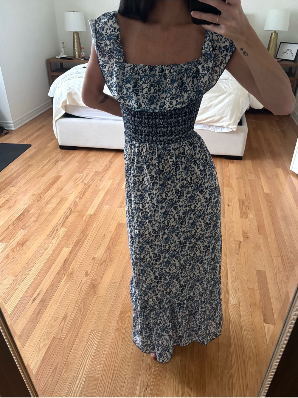 Zara Blue and White Floral Maxi Dress with Smocked Waist